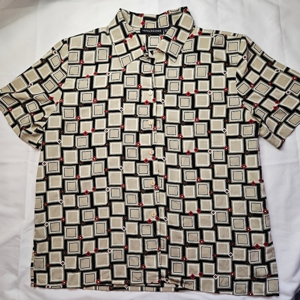 Impressions Womens Beige And Black Geometric Design Button Up Blouse Size L